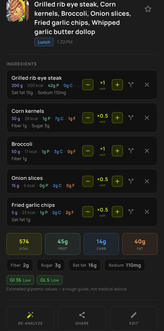 Per-ingredient AI estimate with portions, expanded nutrients and glycemic index